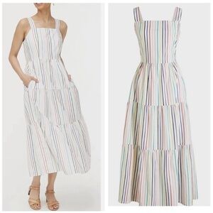 J. Crew White Multicolor Striped Tiered Midi Dress Pockets 100% Cotton Sz 8